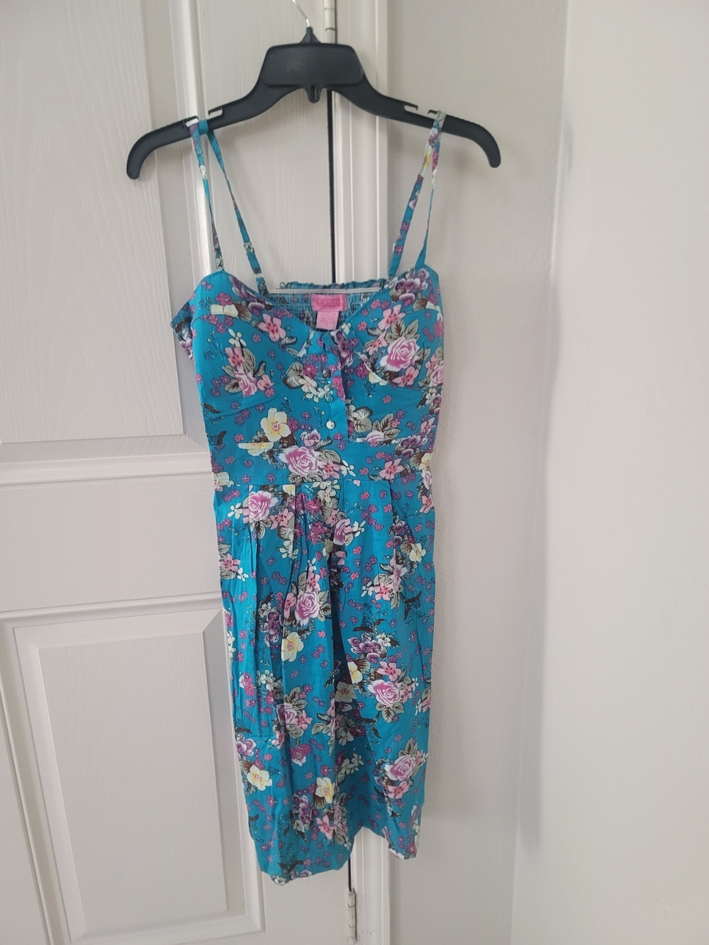 She's Cool Turquoise Floral Button-Front Dress with Pink Accents